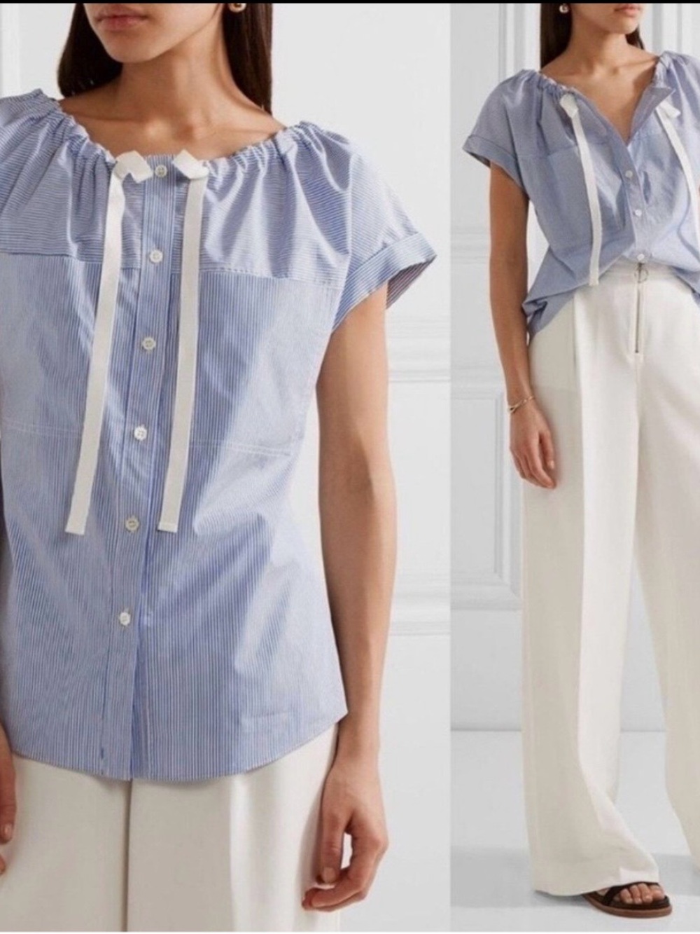 Theory Light Blue Striped Peasant Blouse with Ribbon Tie 0583